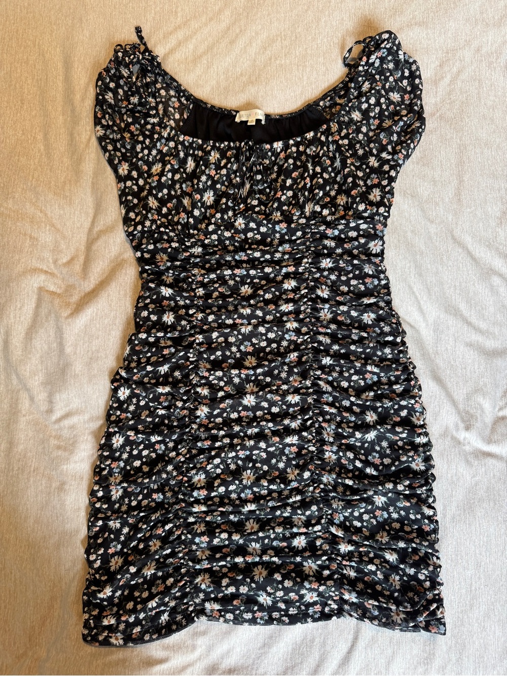 Ultra Flirt Black Floral Ruched Mini Dress with White & Tan Daisies
